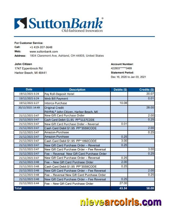 USA Ohio Sutton Bank statement in .xls and .pdf file format